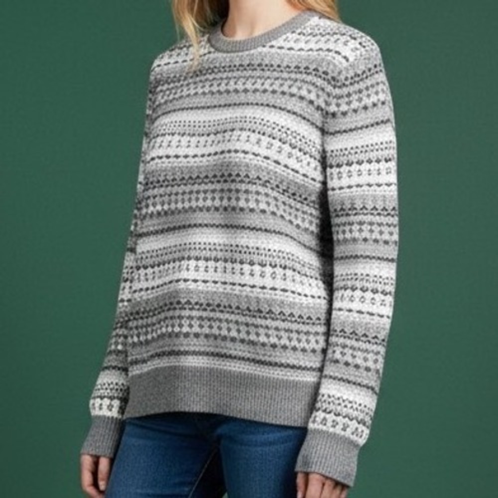Express Sweater Women S Grey White Fair Isle Crew Neck Knit Pullover Nordic